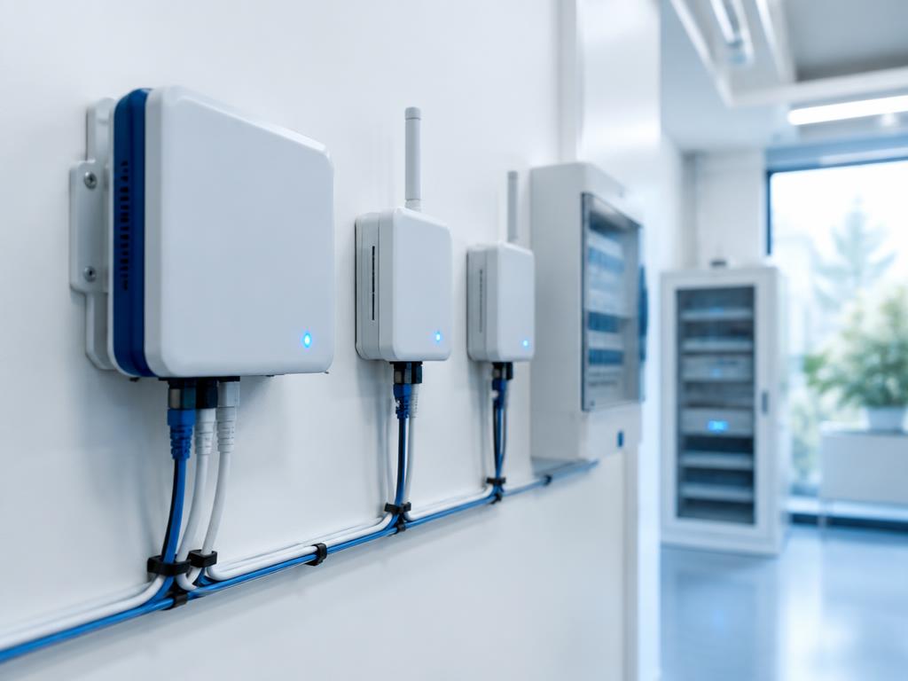 Illustrative IoT controllers and telemetry hardware in a building technical room